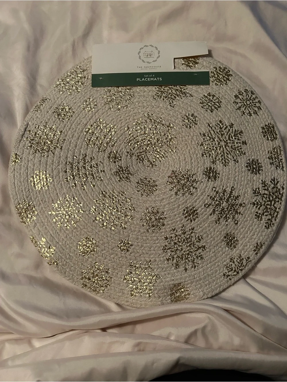 The Farmhouse Round Placemat with Gold Snowflake Design Set of 4